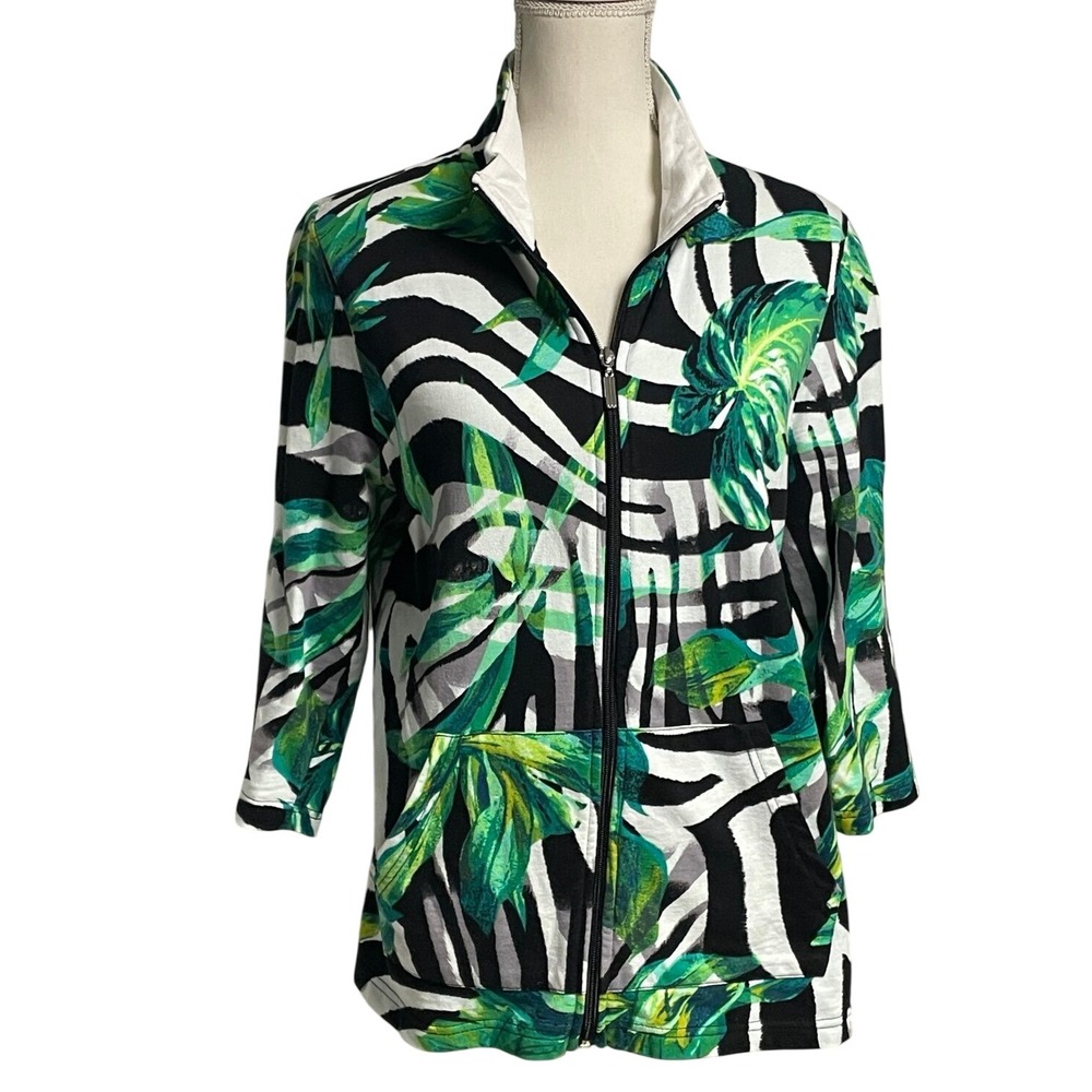 Onque Casuals Green Black Tropical Sweatshirt Jacket Women's Large